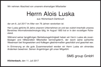 Traueranzeige von Alois Luska von Siegener Zeitung