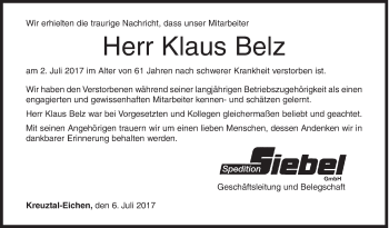 Traueranzeige von Klaus Belz von Siegener Zeitung