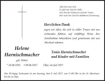 Traueranzeige von Helene Harnischmacher von Siegener Zeitung