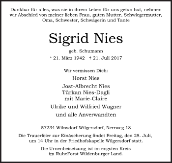 Traueranzeige von Sigrid Nies von Siegener Zeitung
