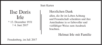 Traueranzeige von Ilse Doris Irle von Siegener Zeitung