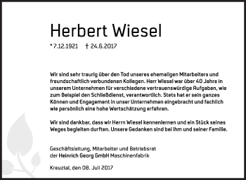 Traueranzeige von Herbert Wiesel von Siegener Zeitung