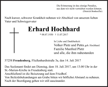 Traueranzeige von Erhard Hochhard von Siegener Zeitung