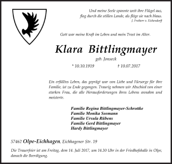 Traueranzeige von Klara Bittlingmayer von Siegener Zeitung