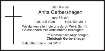 Traueranzeige von Anita Gerbershagen von Siegener Zeitung