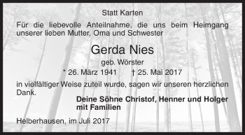 Traueranzeige von Gerda Nies von Siegener Zeitung
