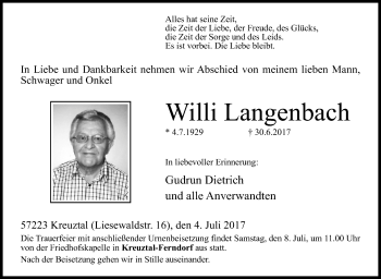 Traueranzeige von Willi Langenbach von Siegener Zeitung
