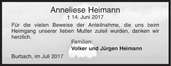 Traueranzeige von Anneliese Heimann von Siegener Zeitung