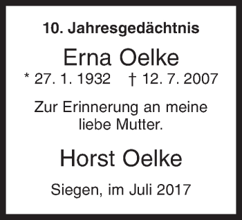 Traueranzeige von Erna Oelke von Siegener Zeitung
