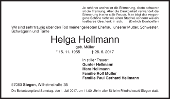 Traueranzeige von Helga Hellmann von Siegener Zeitung