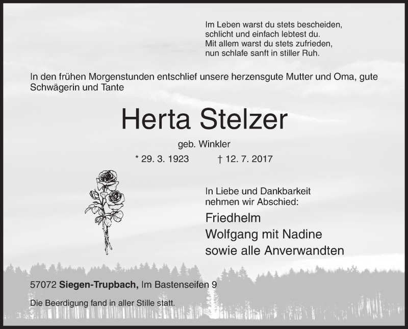  Traueranzeige für Herta Stelzer vom 18.07.2017 aus Siegener Zeitung
