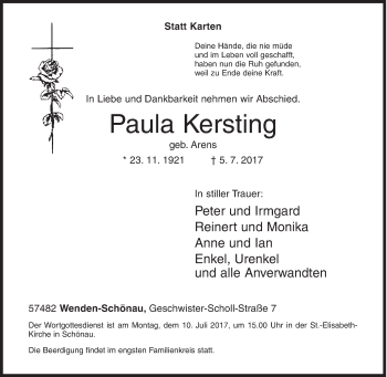 Traueranzeige von Paula Kersting von Siegener Zeitung