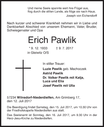 Traueranzeige von Erich Pawlik von Siegener Zeitung