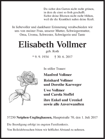 Traueranzeige von Elisabeth Vollmer von Siegener Zeitung