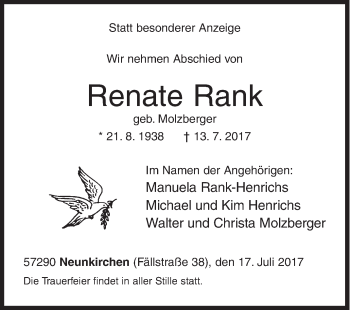 Traueranzeige von Renate Rank von Siegener Zeitung