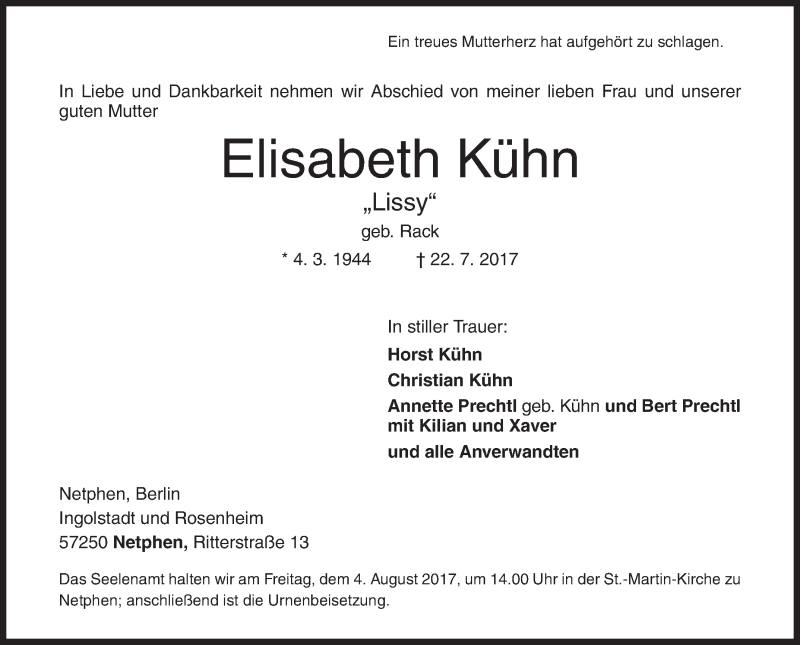  Traueranzeige für Elisabeth Kühn vom 25.07.2017 aus Siegener Zeitung
