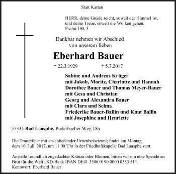 Traueranzeige von Eberhard Bauer von Siegener Zeitung