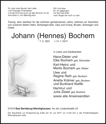 Traueranzeige von Johann Hennes Bochem von Siegener Zeitung
