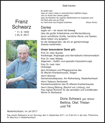 Traueranzeige von Franz Schwarz von Siegener Zeitung
