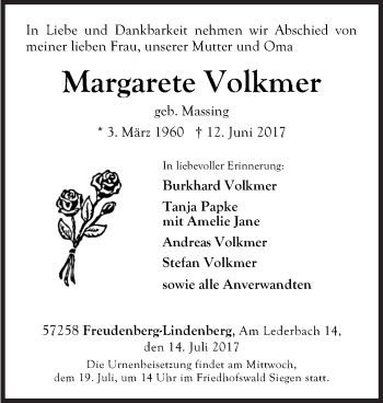 Traueranzeige von Margarete Volkmer von Siegener Zeitung