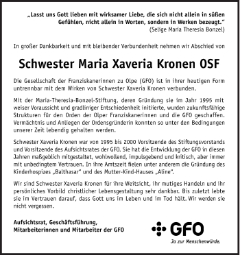 Traueranzeige von Maria Xaveria Kronen von Siegener Zeitung