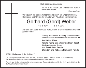 Traueranzeige von Gerhard Weber von Siegener Zeitung