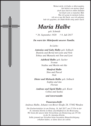 Traueranzeige von Maria Halbe von Siegener Zeitung