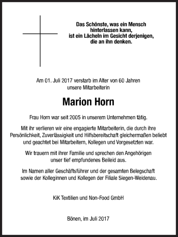 Traueranzeige von Marion Horn von Siegener Zeitung
