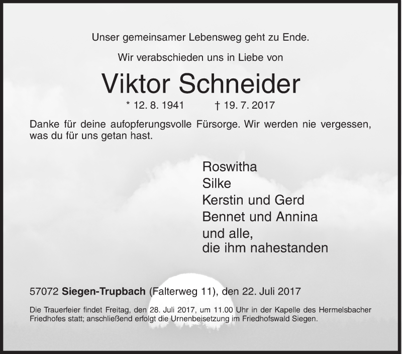  Traueranzeige für Viktor Schneider vom 22.07.2017 aus Siegener Zeitung