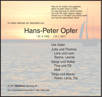 Traueranzeige von Hans-Peter Opfer von Siegener Zeitung
