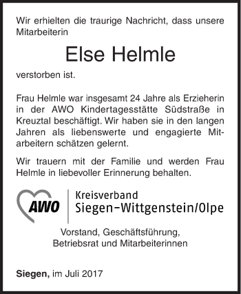 Traueranzeige von Else Helmle von Siegener Zeitung