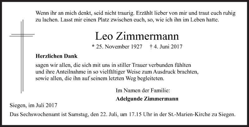  Traueranzeige für Leo Zimmermann vom 15.07.2017 aus Siegener Zeitung