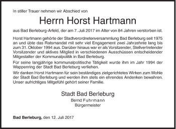 Traueranzeige von Horst Hartmann von Siegener Zeitung