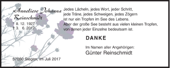 Traueranzeige von Anneliese Johanna Reinschmidt von Siegener Zeitung