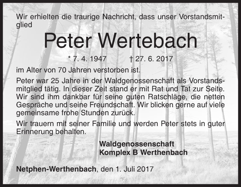  Traueranzeige für Peter Wertebach vom 01.07.2017 aus Siegener Zeitung