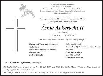 Traueranzeige von Änne Ackerschott von Siegener Zeitung
