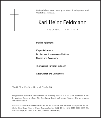 Traueranzeige von Karl Heinz Feldmann von Siegener Zeitung