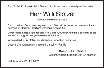 Traueranzeige von Willi Stötzel von Siegener Zeitung