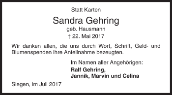 Traueranzeige von Sandra Gehring von Siegener Zeitung