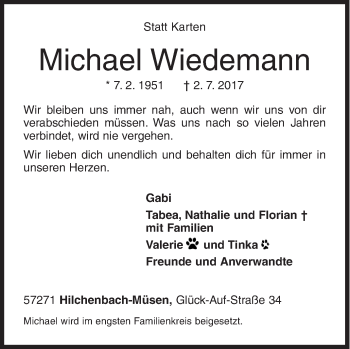 Traueranzeige von Michael Wiedemann von Siegener Zeitung