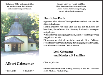 Traueranzeige von Albert Griesemer von Siegener Zeitung