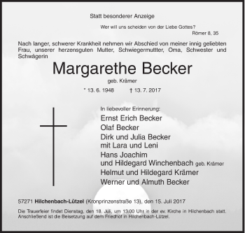 Traueranzeige von Margarethe Becker von Siegener Zeitung