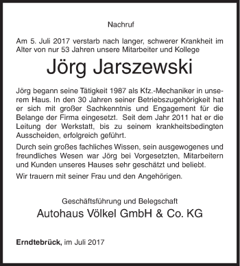 Traueranzeige von Jörg Jarszewski von Siegener Zeitung