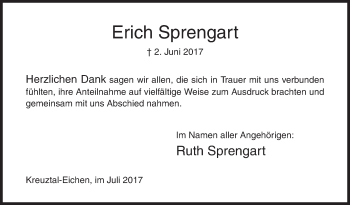 Traueranzeige von Erich Sprengart von Siegener Zeitung