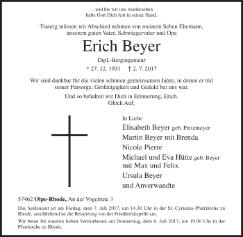 Traueranzeige von Erich Beyer von Siegener Zeitung