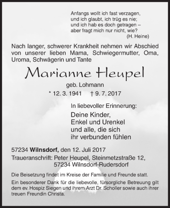 Traueranzeige von Marianne Heupel von Siegener Zeitung