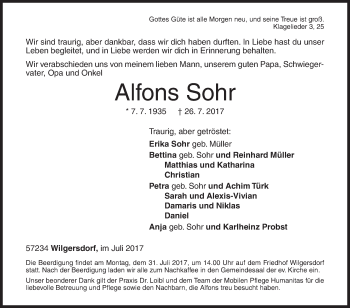Traueranzeige von Alfons Sohr von Siegener Zeitung