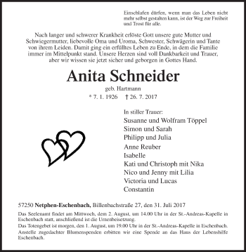 Traueranzeige von Anita Schneider von Siegener Zeitung