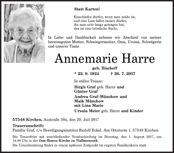 Traueranzeige von Annemarie Harre von Siegener Zeitung