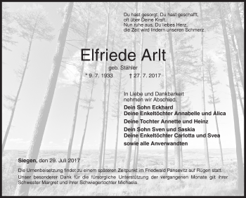 Traueranzeige von Elfriede Arlt von Siegener Zeitung
